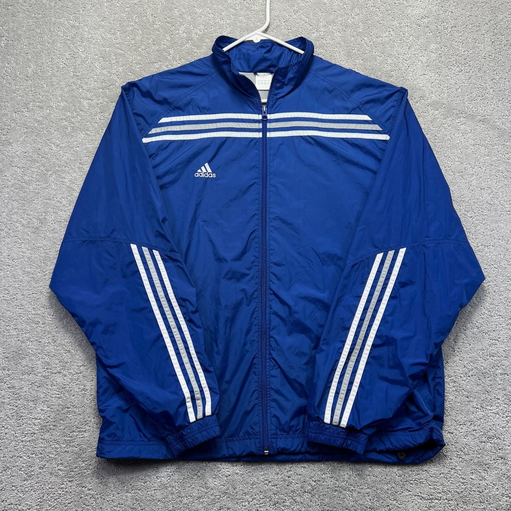 Adidas Track Jacket Mens XL Blue White 3 Stripes Full Zip Windbreaker Mesh Lined